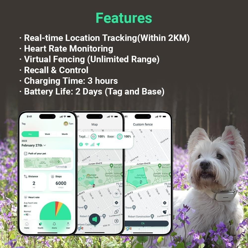 GPS Tracker for Dogs - Wireless Pet Smart Collar with Health Monitor, Waterproof